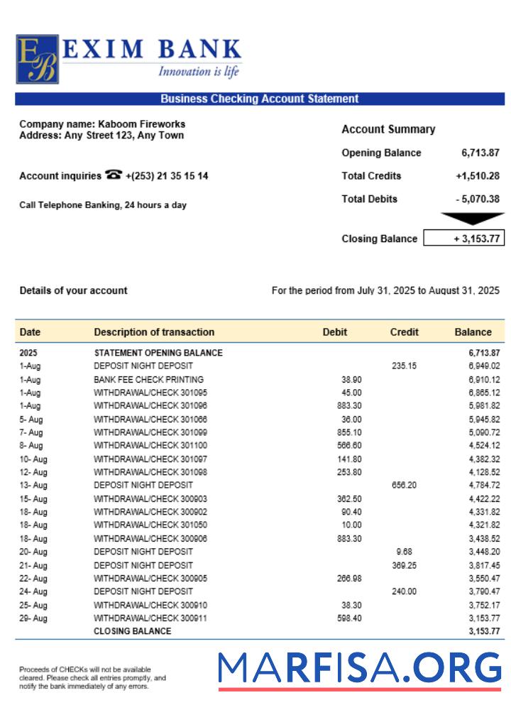 Realistic Exim bank business account statement Word and PDF template
